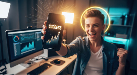Obraz premium A young man celebrating success in a modern office with a smartphone displaying a graph and the word 'success'