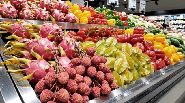 Colorful fresh exotic fruits and vegetables in supermarket
