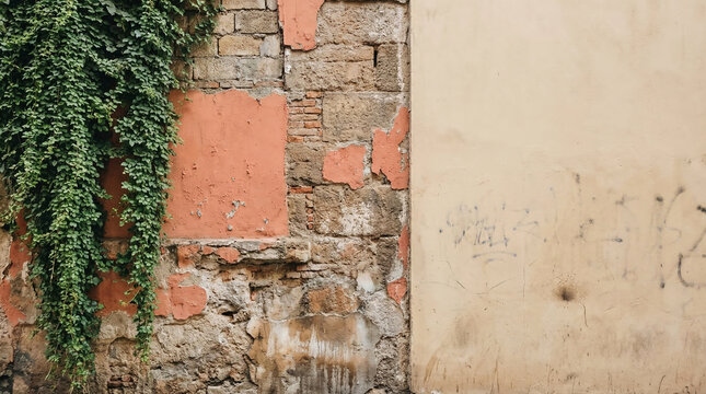 Distressed textured wall with overgrown ivy, showing layers of paint, plaster, and brick, creating a rustic and aged facade