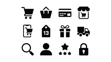 E commerce and shopping icons set including cart payment delivery gift rating and security symbols