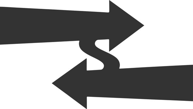 Two large dark gray arrows pointing in opposite directions with a curved S-shape connecting them, representing exchange concept