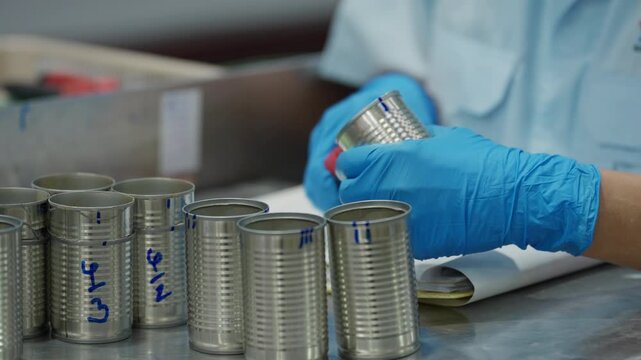 Close-up of a worker&rsquo;s hand using cutting pliers to remove a defective can from a processed food production line in a canned food manufacturing factory, industrial quality control concept