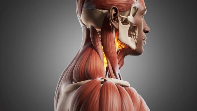 3D render of human male muscular and skeletal system with glowing neck pain