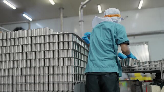 Worker loading cans onto an automated conveyor system in a canned food manufacturing factory, supporting the processed food production line in an industrial environment
