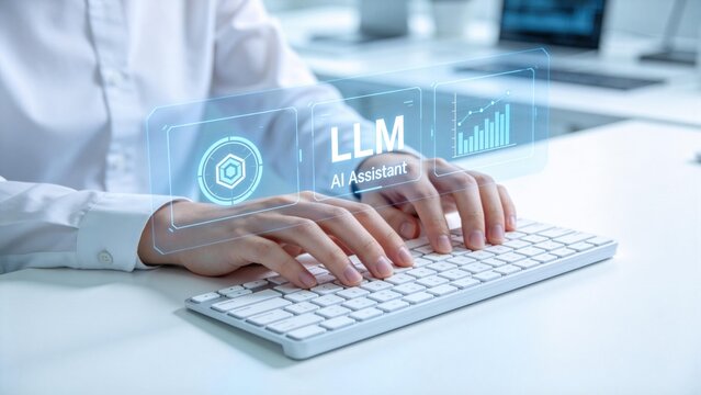 LLM AI assistant interface on virtual screen,large language model technology and machine learning analytics dashboard for intelligent automation solutions