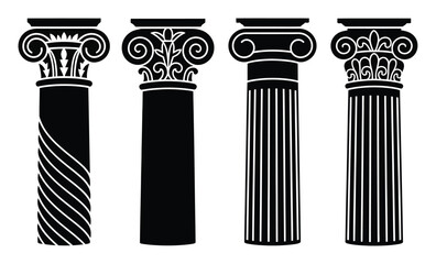 Four Black Silhouette Columns with Different Classical Architectural Styles © ThephotoLab