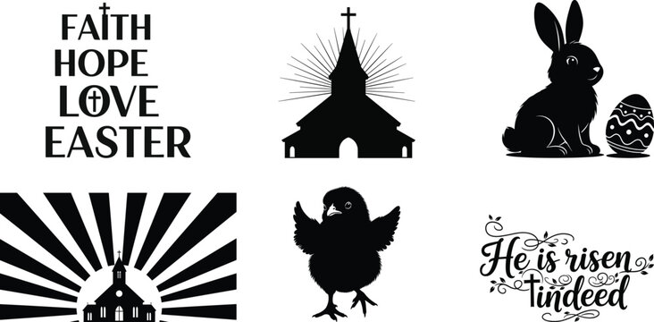 Christian Easter typography, church silhouette, bunny and chick religious holiday set