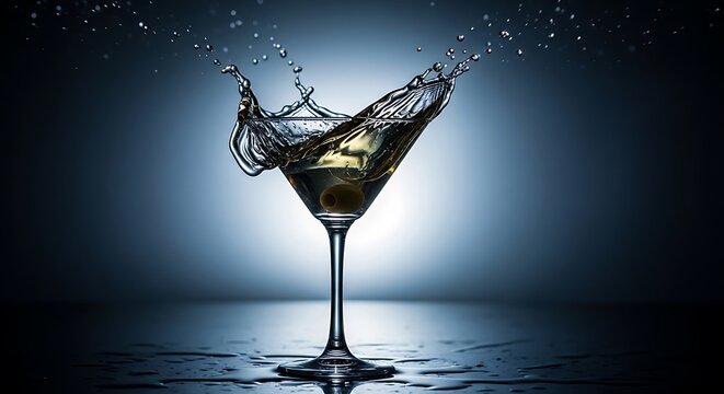 A martini glass with a drink splashing out, featuring an olive, against a dark blue background.