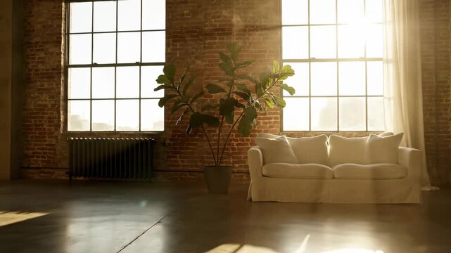 Sunlit Loft Interior With Exposed Brick White Sofa and Large Fiddle Leaf Fig Plant
