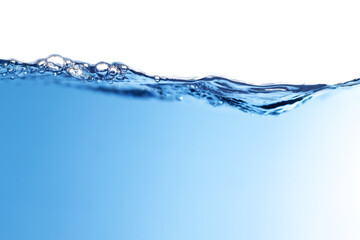 Clear Water Wave. Pure Drinking Water, Air Bubbles, Water Splashing. Blue Water Textured on White Background.	
