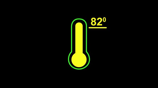 Neon glowing medical thermometer icon animation. That's indicates weather temperature 82 degree increase or decline. Thermometer equipment showing hot or cold weather.