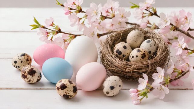 Pastel colored Easter eggs and speckled quail eggs arranged with a natural straw nest and blooming cherry branches on a white wooden background. Elegant spring holiday composition.