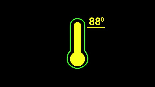 Neon glowing medical thermometer icon animation. That's indicates weather temperature 88 degree increase or decline. Thermometer equipment showing hot or cold weather.