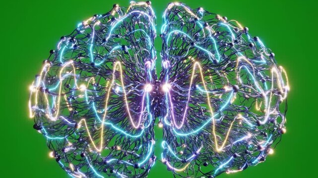 A vibrant, futuristic brain illustration conveys intelligence, innovation, and complex thought processes. Ideal for tech marketing or illustrating abs