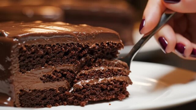 Delicious Chocolate Cake Slice Being Eaten with a Fork, Close-Up View of Decadent Dessert.