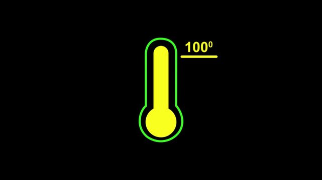 Neon glowing medical thermometer icon animation. That's indicates weather temperature 100 degree increase or decline. Thermometer equipment showing hot or cold weather.