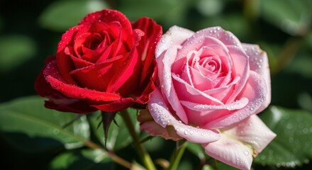 Fototapeta premium Two Roses in Full Bloom - A Study in Contrasting Colors.