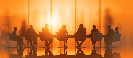 Silhouettes of business people in office meeting at sunset with glowing orange light, corporate boardroom teamwork scene, executive conference discussion, leadership and strategy concept