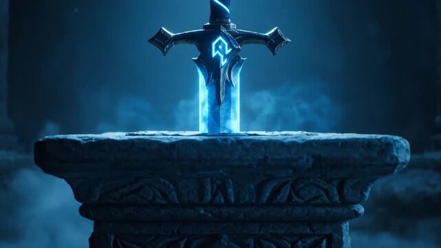 Mystical Sword on Pedestal - A Fantasy Scene of Power and Magic.