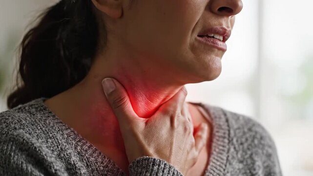 Adult woman holding her throat, illuminated red to show pain.