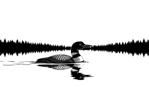 Loon on calm waters with full moon and evergreen trees black and white vector illustration