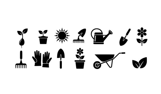 Black gardening icon set sprouts seedlings tools sun vector plant growth symbols