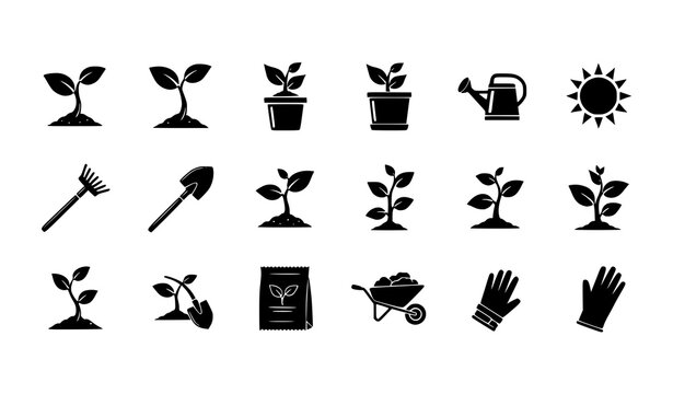 Gardening and plant life cycle icon set black vector sprouts seedlings tools collection