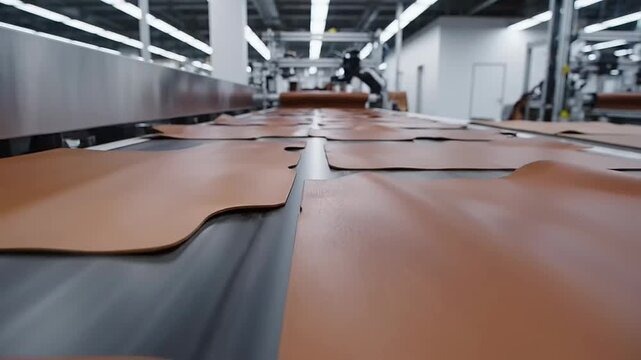 Conveyor belt moving leather panels in a factory