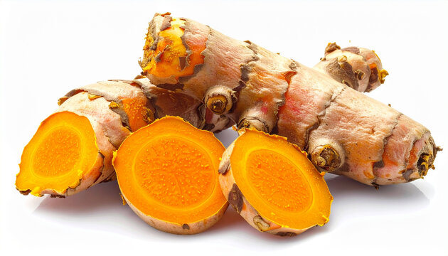 Fresh turmeric root sliced and whole isolated on a white background