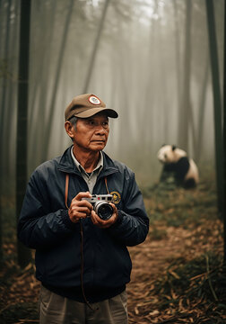 An avid nature photographer stands contemplating in a dense, misty bamboo forest, camera ready, with a peaceful giant panda visible in the atmospheric background