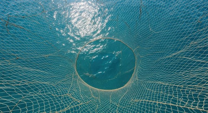 Underwater View of a Fishing Net in the Ocean.