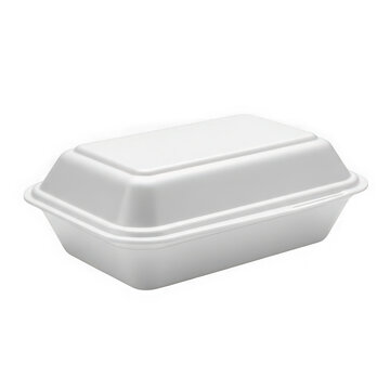 A standard rectangular white styrofoam food container for packaging meals and takeout food items isolated on transparent background