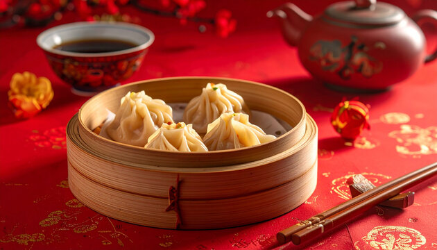 Steamed dumplings in bamboo steamer on red table with teapot and bowl