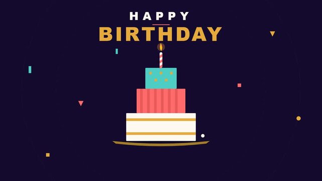 A vibrant animated birthday cake display featuring a beautifully tiered dessert with a luminous candle, surrounded by dynamic digital confetti,