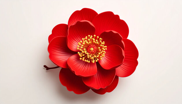 Vibrant red flower with golden center isolated on white background