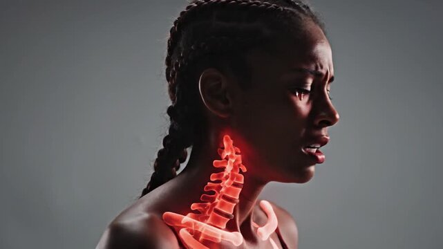 African American woman suffering from severe neck and upper back pain with glowing spine