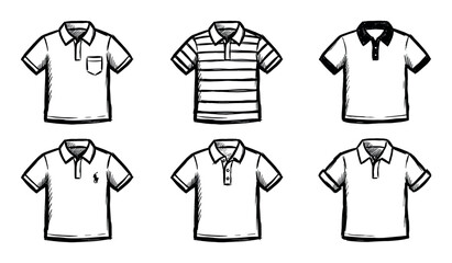 Naklejka premium Collection of six hand-drawn polo shirts in various styles, perfect for casual wear, fashion design, and apparel concepts.