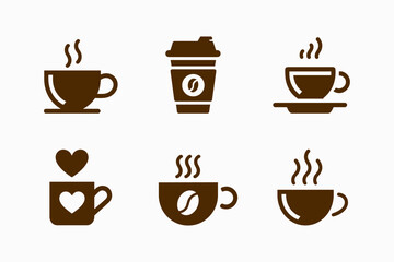 Obraz premium Various hot coffee and tea icons illustrating cups, mugs, and a to go container with steam and coffee bean symbols