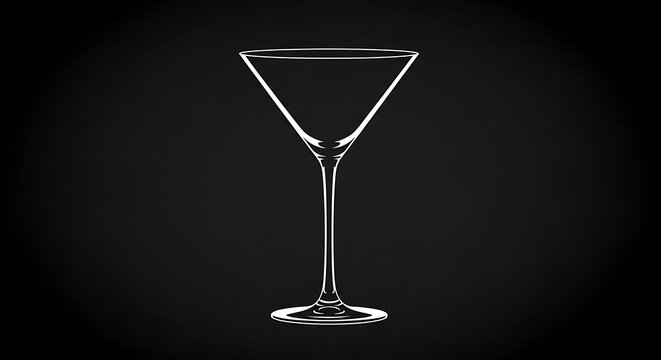 Empty martini glass with a slender stem on a dark black background.