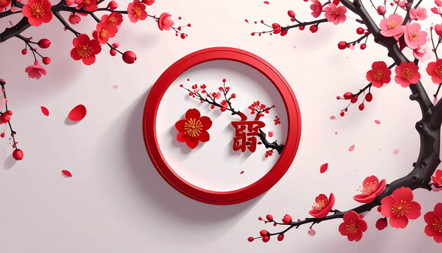 Decorative red blossoms and calligraphy on white background