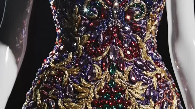 Close up of an ornate sequined gown on a mannequin