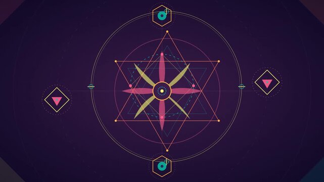 Mesmerizing abstract geometric pattern with dynamic glowing lines, starbursts, circles, and hexagons. Vibrant purples, pinks, and teal form a