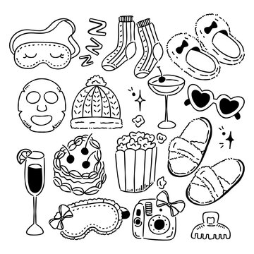 Slumber party doodle set with sleep mask, snacks, and cozy accessories.
