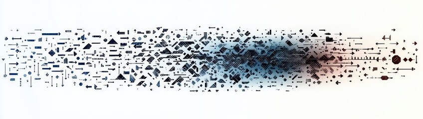 Fototapeta premium horizontal stream of tiny geometric icons and arrows in blue to red gradient conveying dynamic digital data flow and energetic motion
