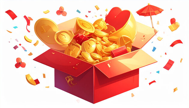Box overflowing with coins and a heart symbol with celebratory elements