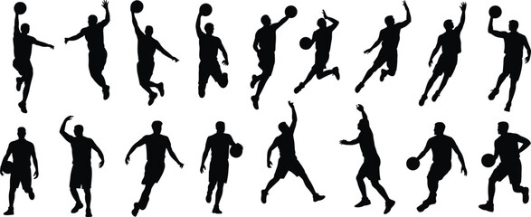 Basketball Player Silhouette Set, Professional Athlete Action Poses, Slam Dunking, Dribbling, Jumping, Shooting, Sports Performance Vector Illustration for Stock Media. © Kamrul