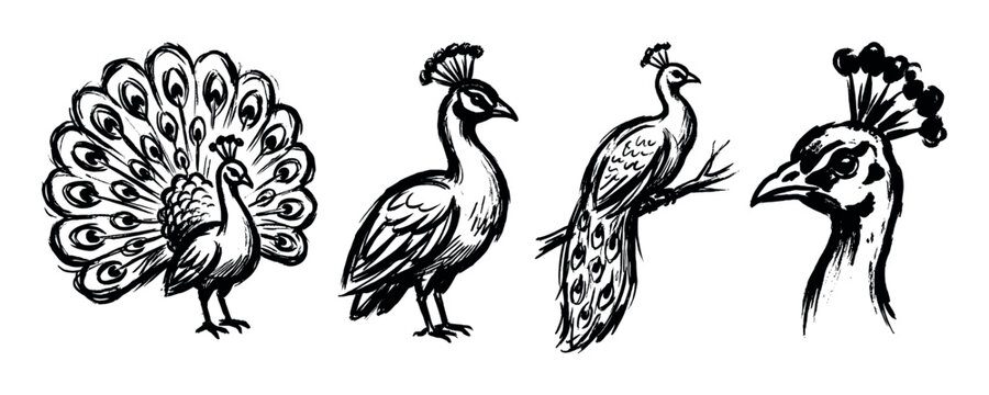 Various brush stroke illustrations depict peacocks in different poses, showcasing their elegant forms and distinctive features.