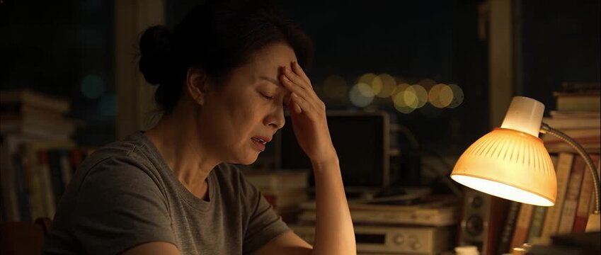 Tired woman stress headache night lamp home office book worry fatigue burnout Asian middle aged reading desk work insomnia anxiety depression alone contemplation overwork exhaustion overthinking