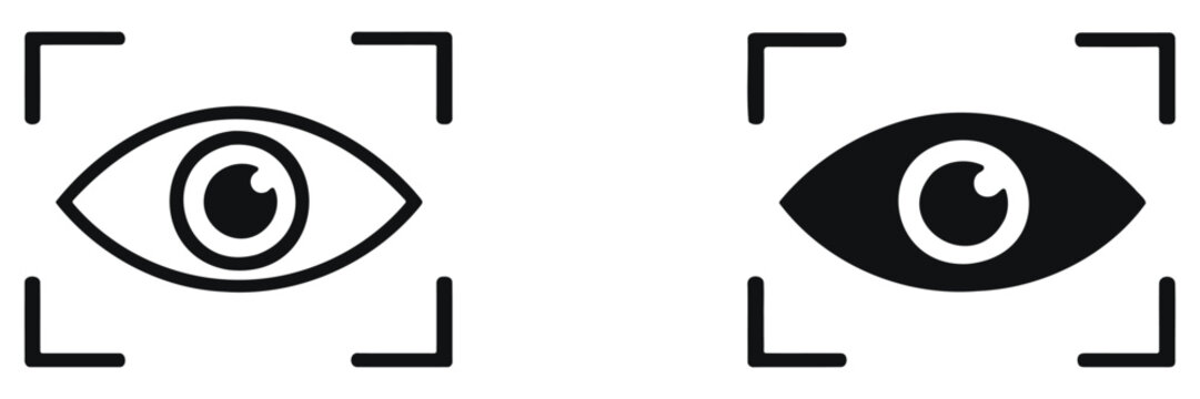 Two stylized eyes are framed by square brackets resembling camera viewfinders creating a focused watchful image silhouette high quality professional detailed