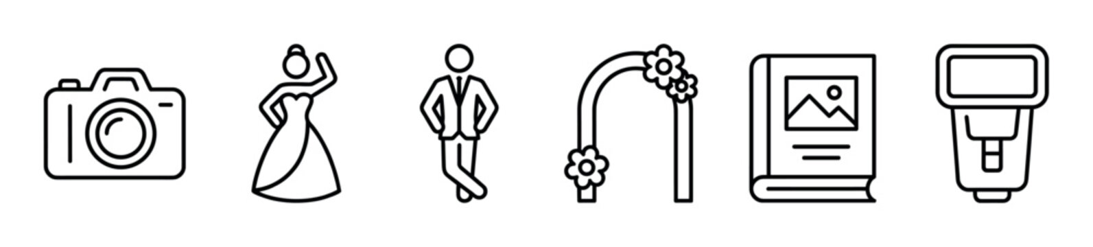 Set of outline icons representing photography and event concepts, including a camera, dancing figures, a floral arch, a photo album, and a flash.
